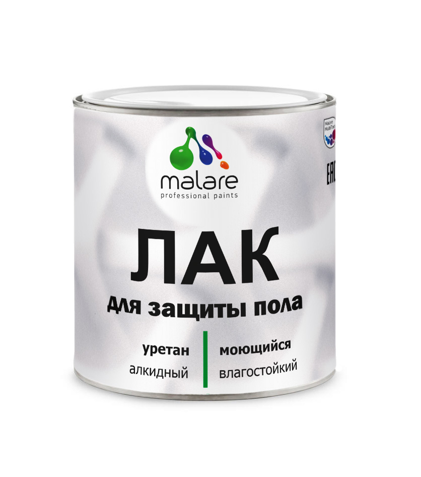 Лак Malare алкидно-уретановый для пола, для деревянных и минеральных поверхностей, высокопрочный, прозрачный, глянцевое покрытие, 0.9 кг.